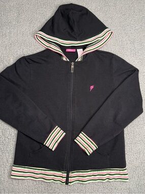 Pappagallo black zip up hoodie pink green striped trim preppy sporty jacket PM